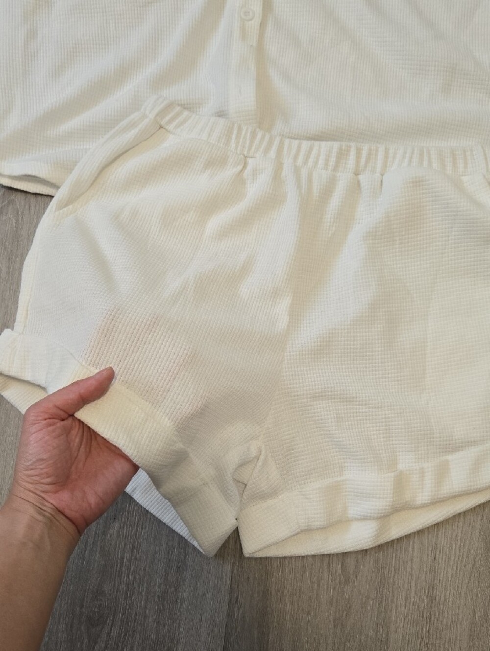 White Short Sleeve Button-Up Top & Shorts Set - Picture 3 of 6
